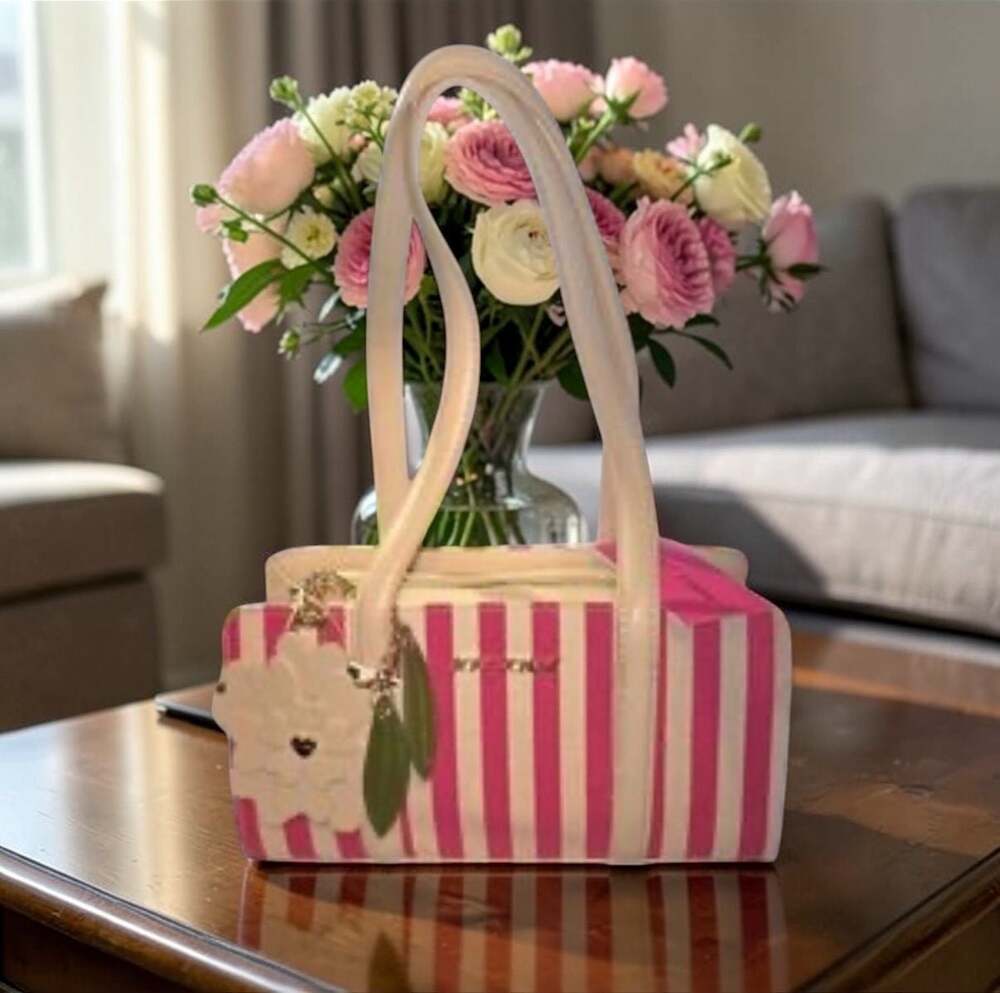Betsey Johnson Pink and White Striped Canvas Satchel with Flower Charm